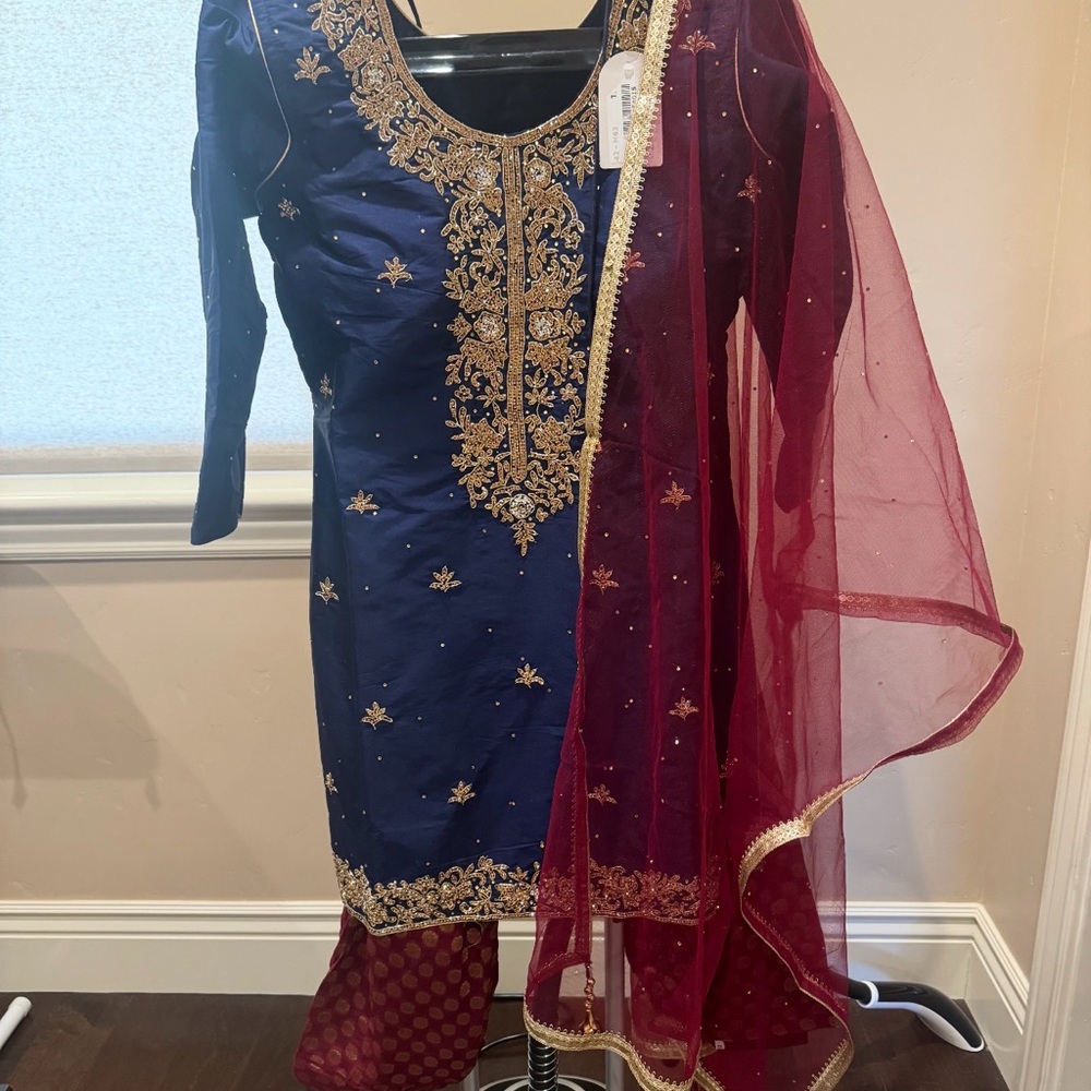 Navy and Burgundy Embroidered Salwar Kameez Set